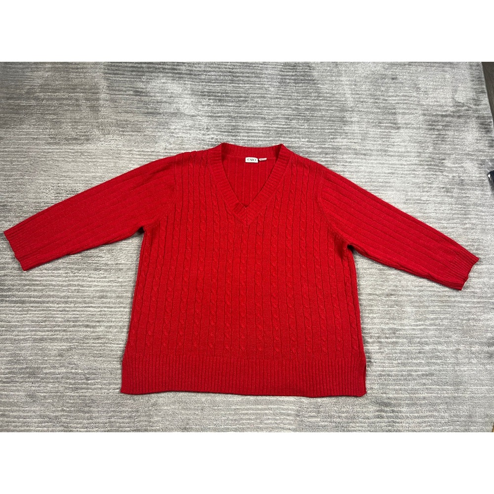 Cato Sweater Womens XL Red V-Neck Cable Knit Ribbed Long Sleeve Side Slit Hem